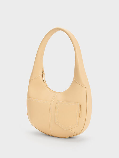 Bolso hobo curvo Anthea con detalle de puntadas, Beige, hi-res