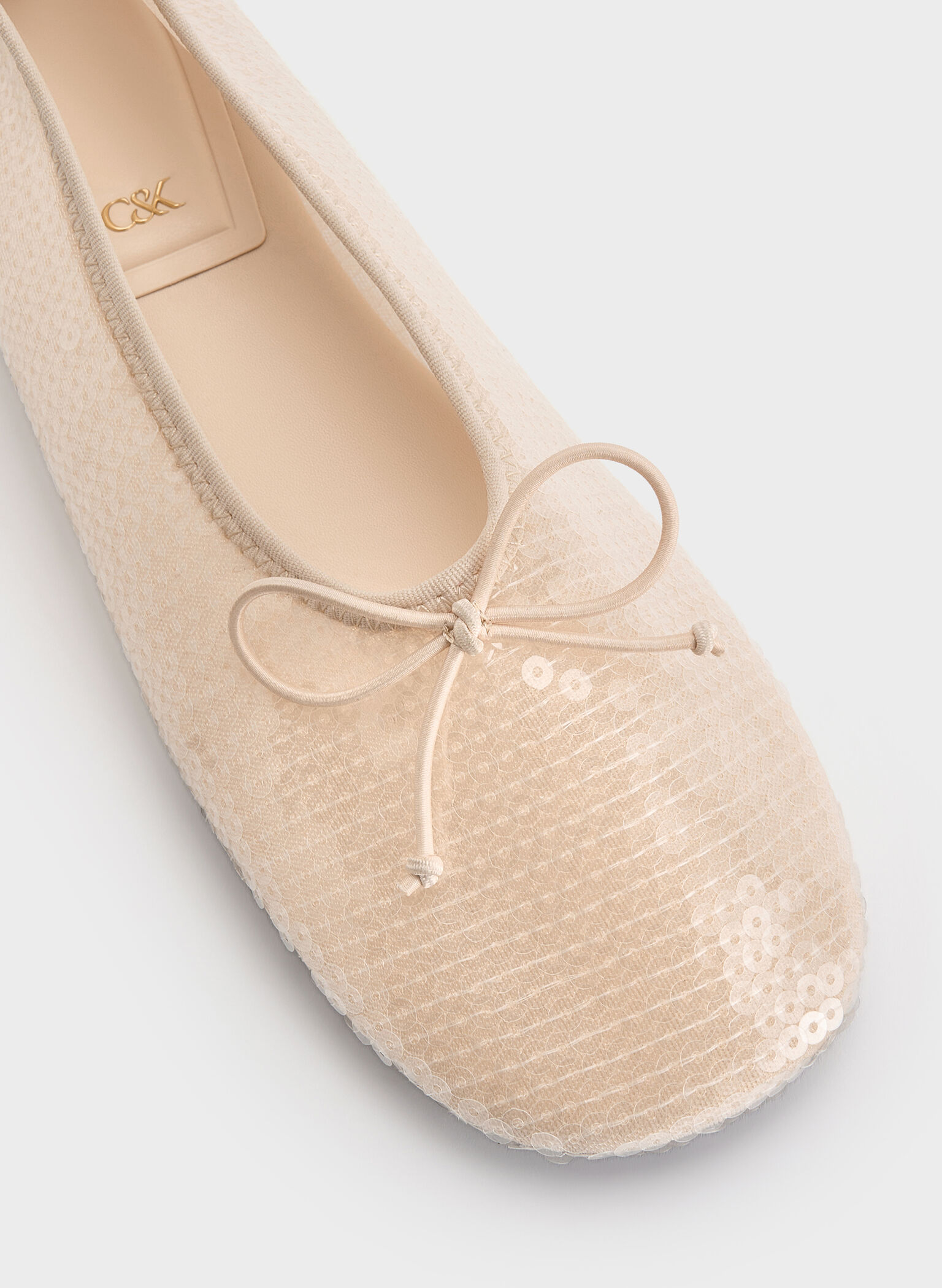 Sequin Mesh & Leather Bow Ballet Flats, Nude, hi-res