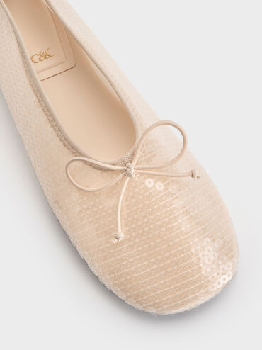 Sequin Mesh & Leather Bow Ballet Flats, Nude, hi-res
