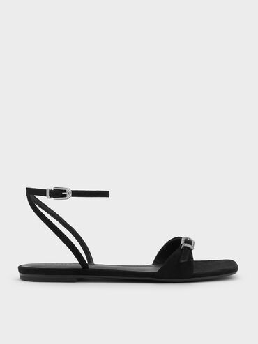 Faux Suede Crystal-Buckle Ankle-Strap Sandals, Black Textured, hi-res