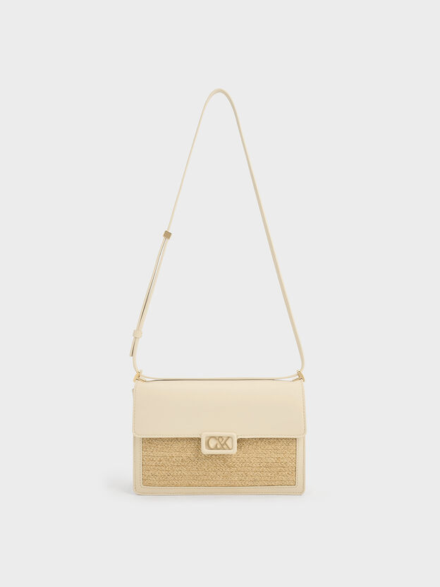 레더 & 라피아 숄더백, 베이지, hi-res