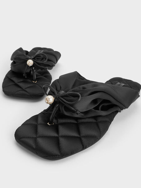 Satin Pearl-Accent Square-Toe Sandals, Black Textured, hi-res