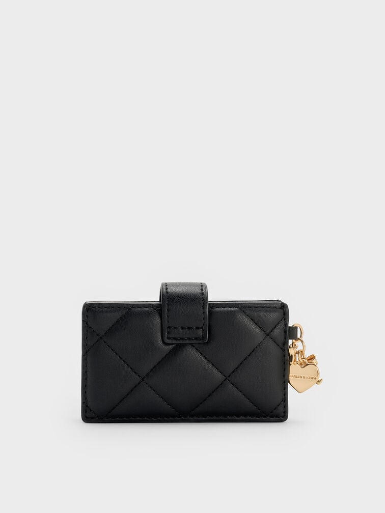 Porte-cartes matelassé à boucle à breloques en nœud et cœur Arrietty, Noir, hi-res