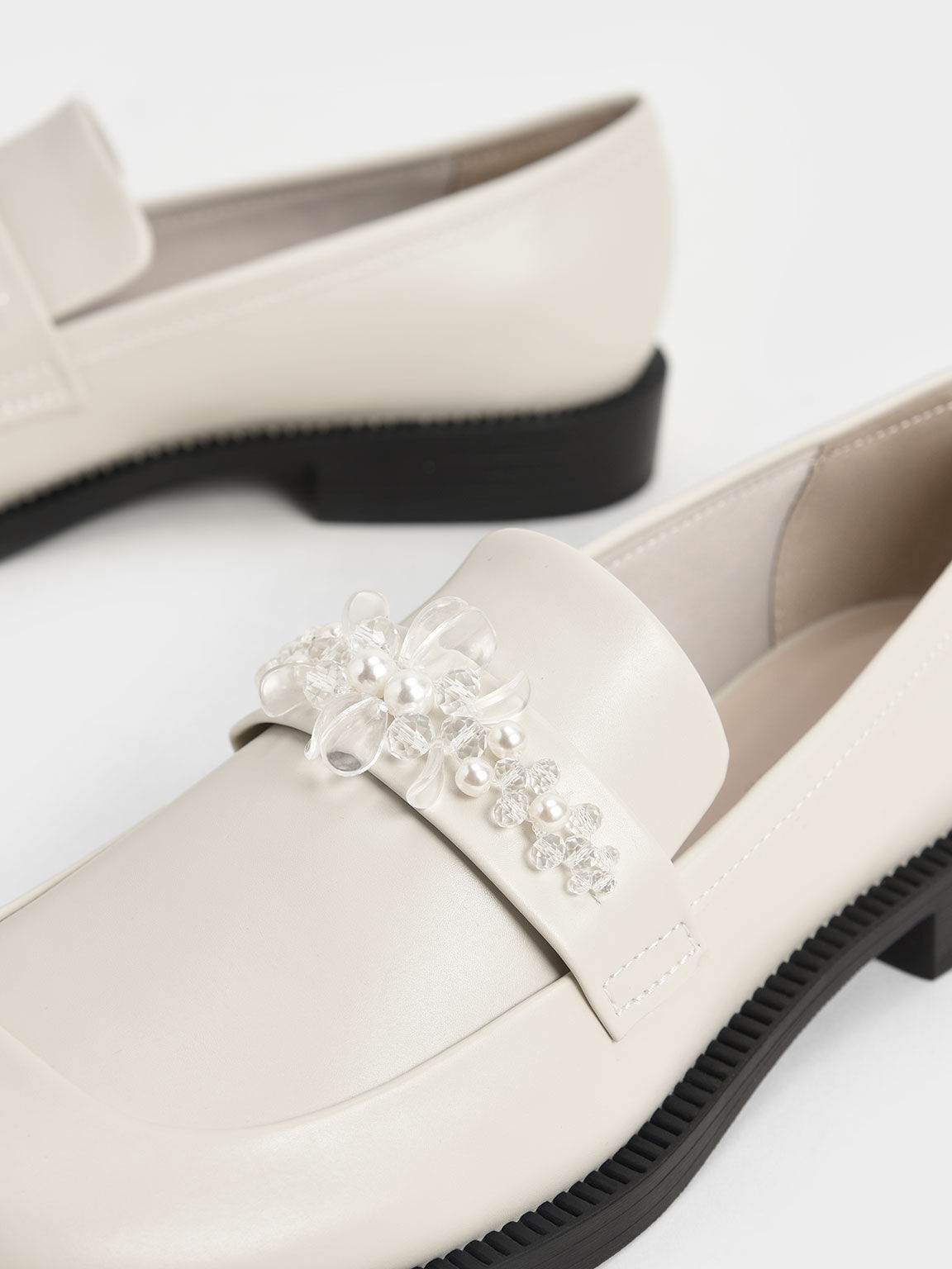 Bead-Embellished Penny Loafers, Chalk, hi-res