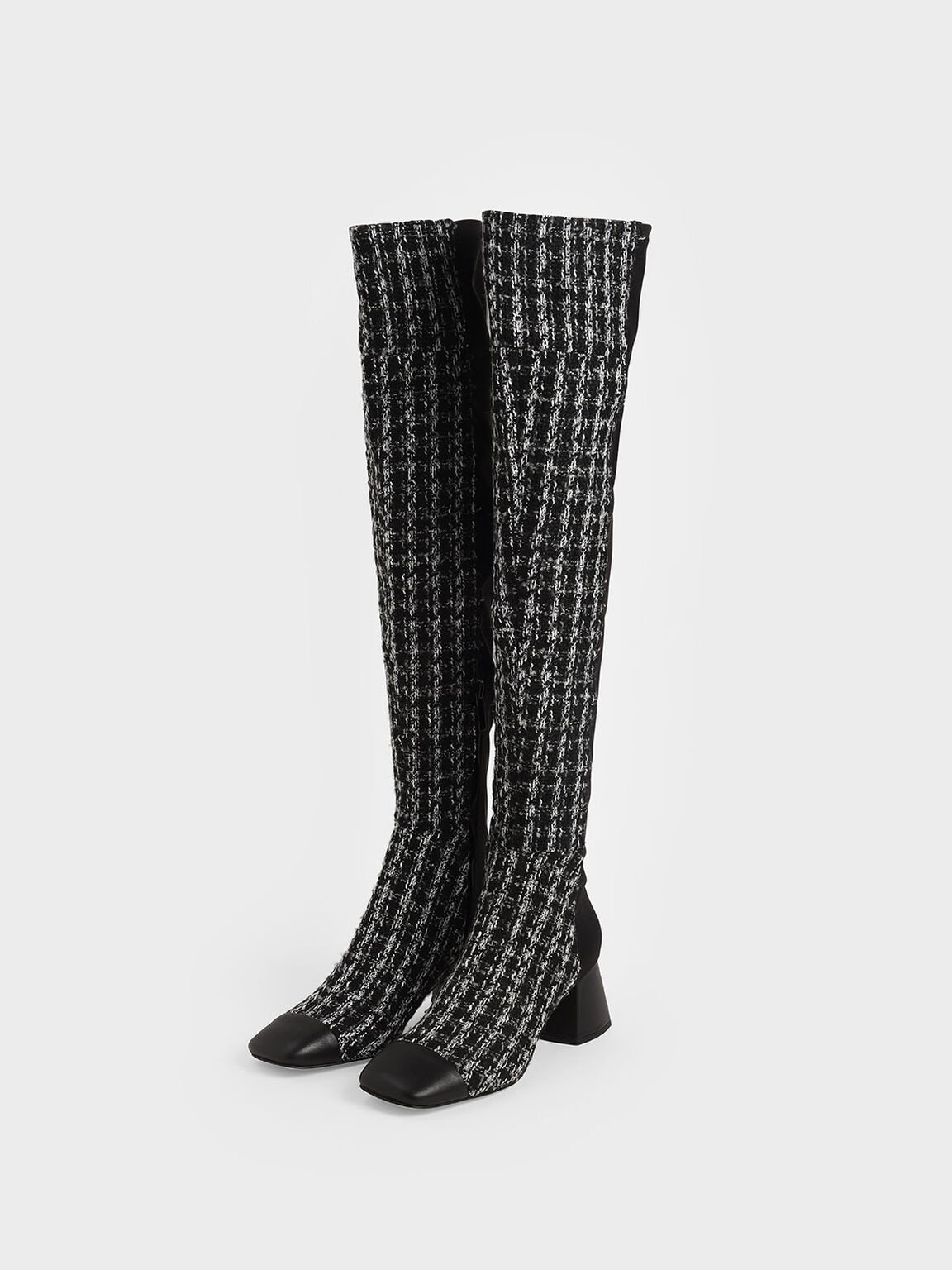 Tweed & Leather Thigh High Boots, Multi, hi-res