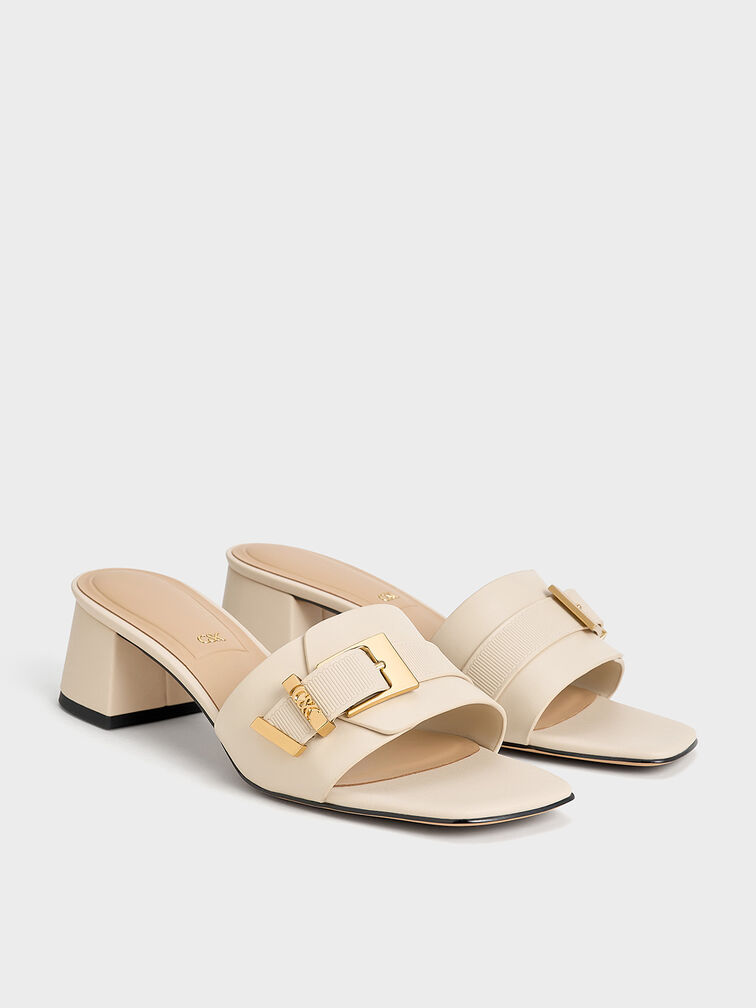 Leather Buckled Block-Heel Mules, Chalk, hi-res