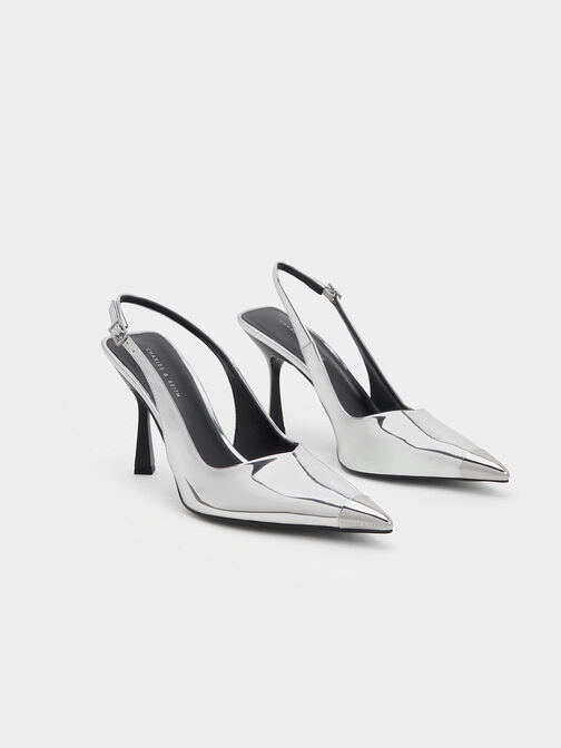 Metallic Cap Pointed-Toe Slingback Pumps, Silver, hi-res