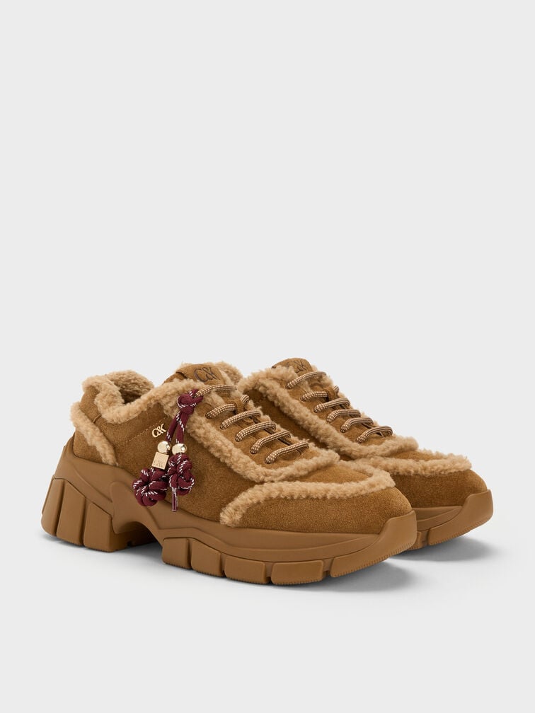 Yunna Suede & Faux Shearling Chunky Sneakers, Brown, hi-res
