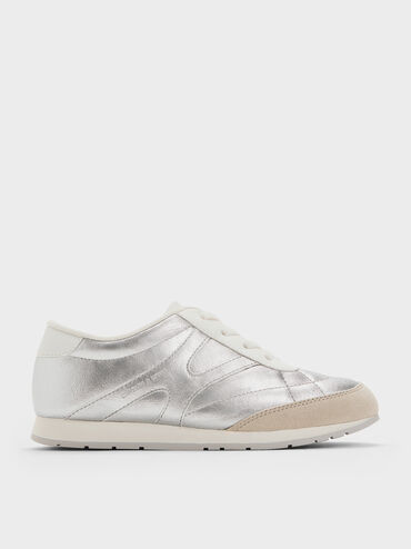 Girls' Faux Suede Metallic Low-Top Sneakers, Silver, hi-res