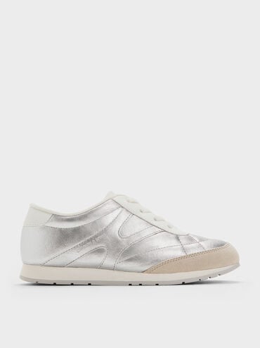 Girls' Faux Suede Metallic Low-Top Sneakers, Silver, hi-res