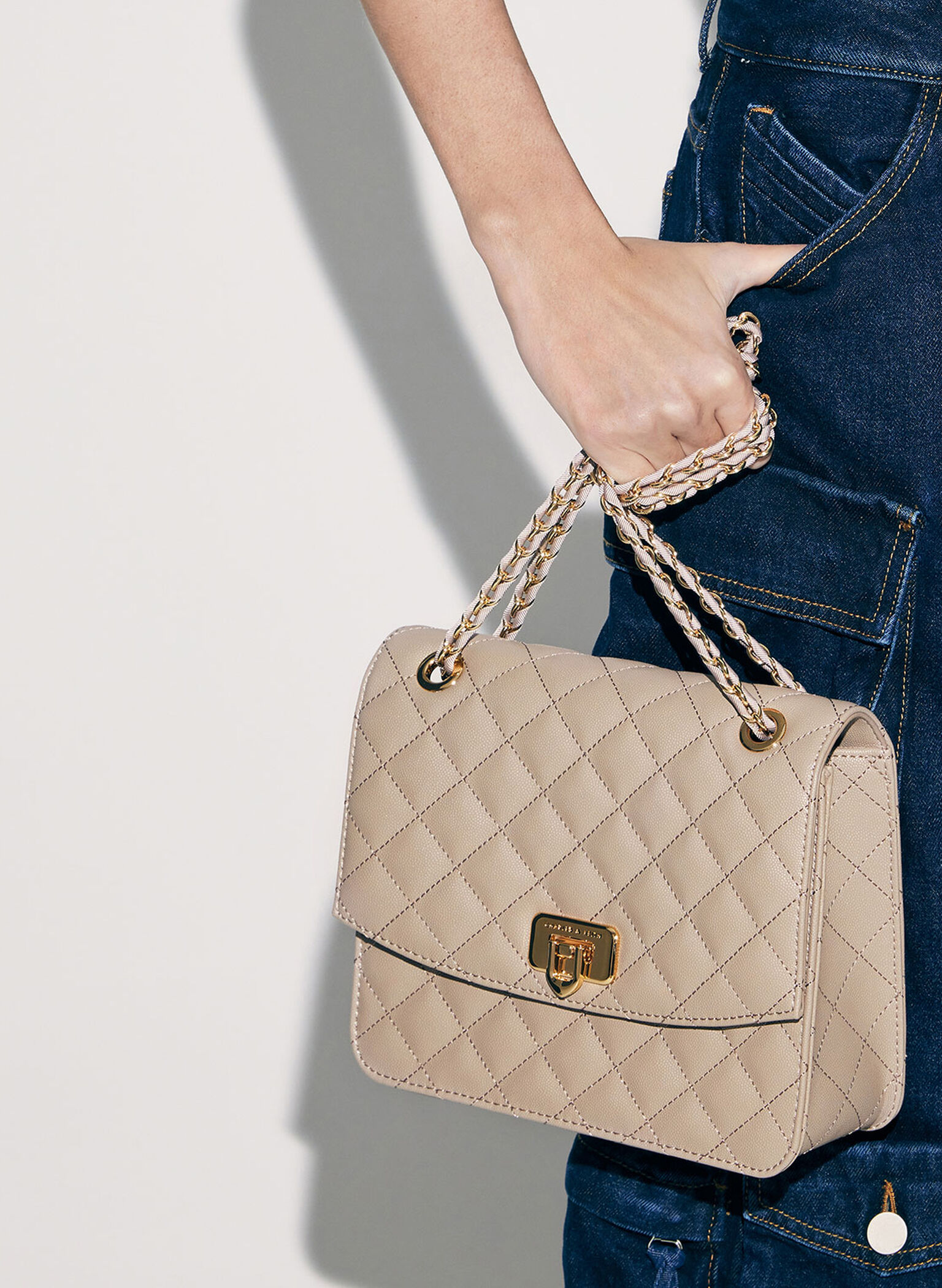 Cressida Quilted Chain Strap Bag, Taupe, hi-res