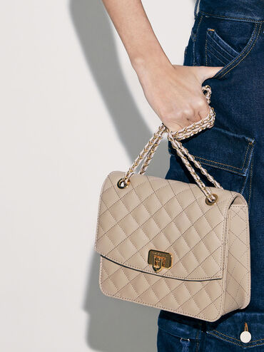 Cressida Quilted Chain Strap Bag, Taupe, hi-res