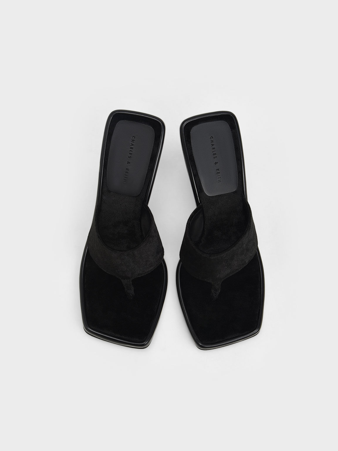 Etta Velvet Heeled Thong Sandals​, Black, hi-res