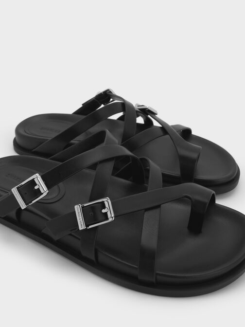 Crossover Toe-Ring Sandals, Black, hi-res
