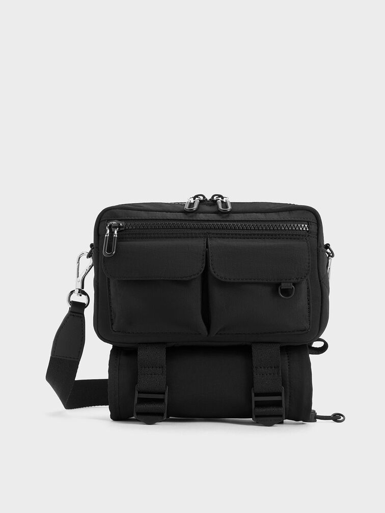 Soleil Nylon Multi-Pocket Crossbody Bag, Noir, hi-res