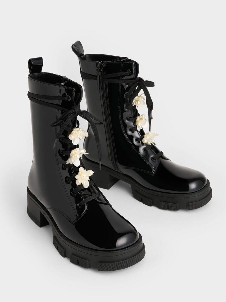 Hayden Bead-Embellished Patent Boots, Black, hi-res