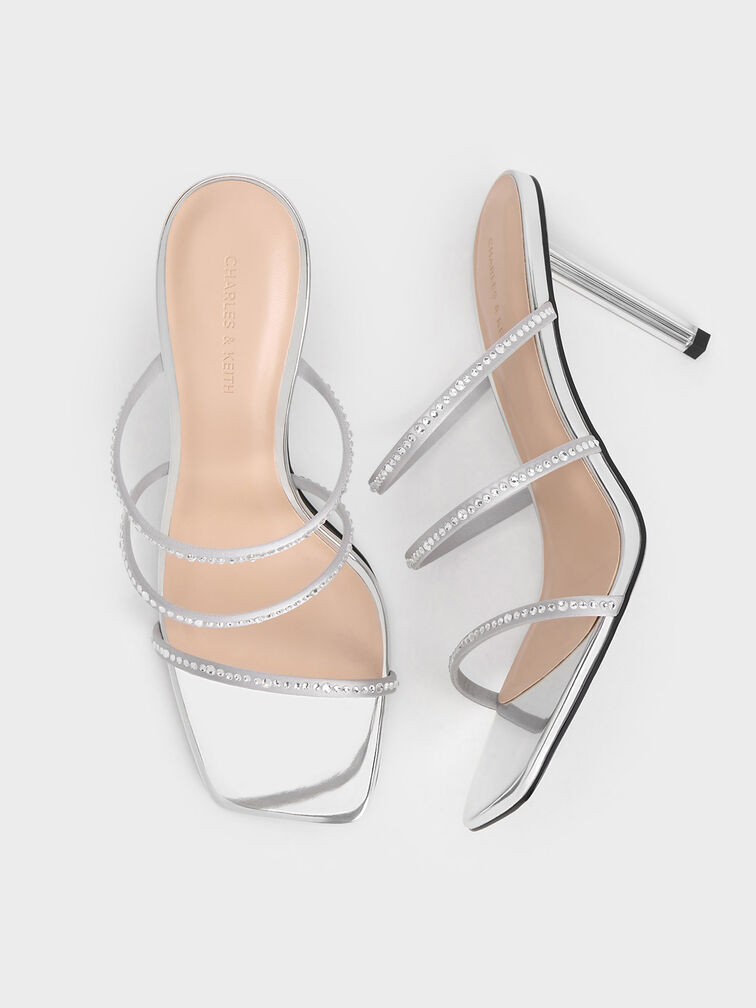 Recycled Polyester Crystal-Embellished Strappy Mules, Silver, hi-res