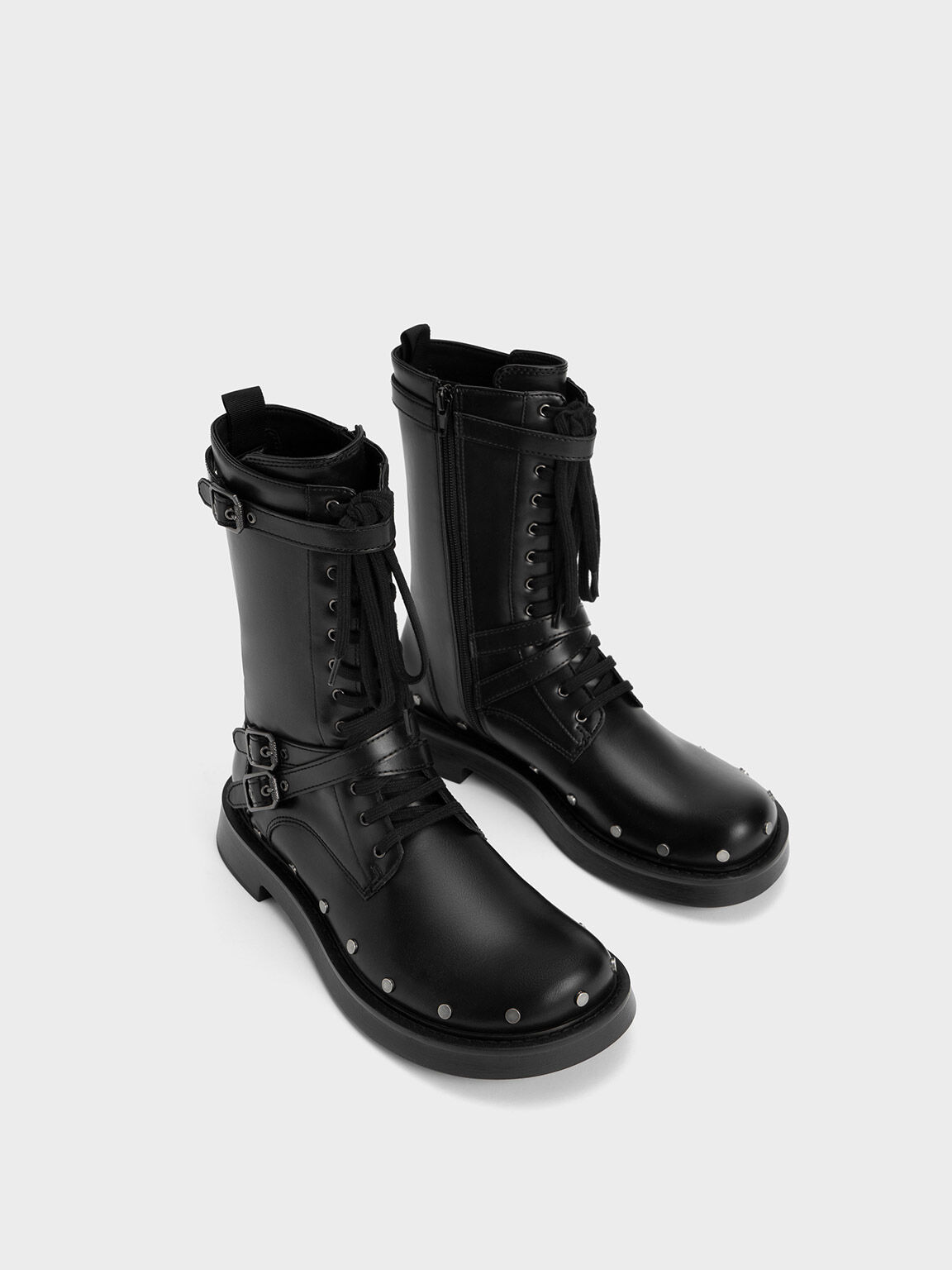 Studded & Buckled Combat Boots, Black, hi-res