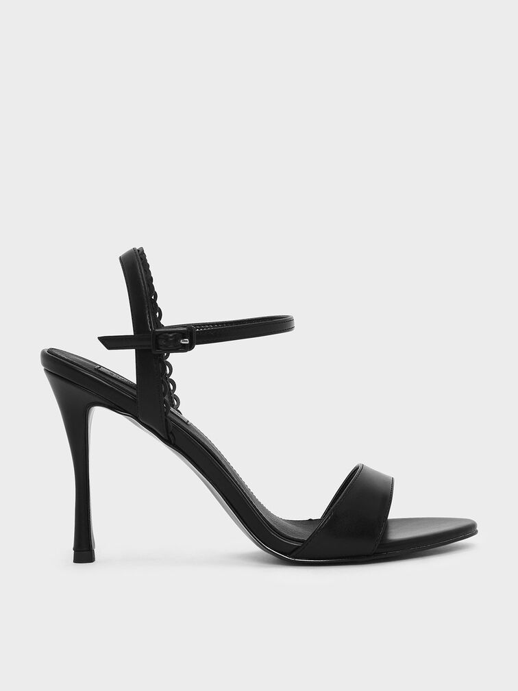 Scallop Edge Detail Heeled Sandals, Black, hi-res