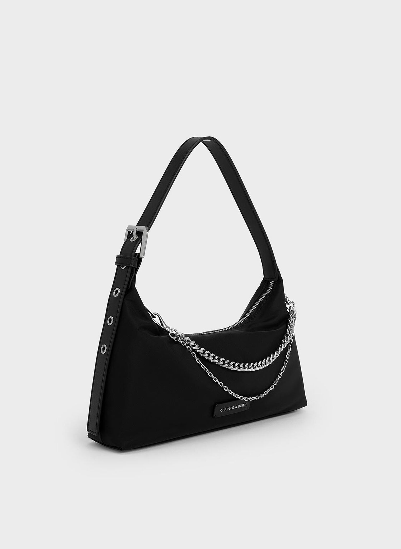 Bolso trapezoidal de nylon con cadena, Noir, hi-res