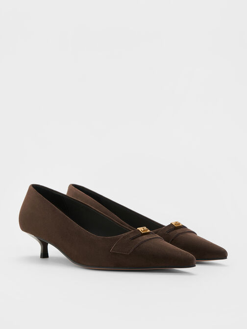 Georgina Suede Pointed-Toe Kitten-Heel Pumps, Dark Brown Textured, hi-res