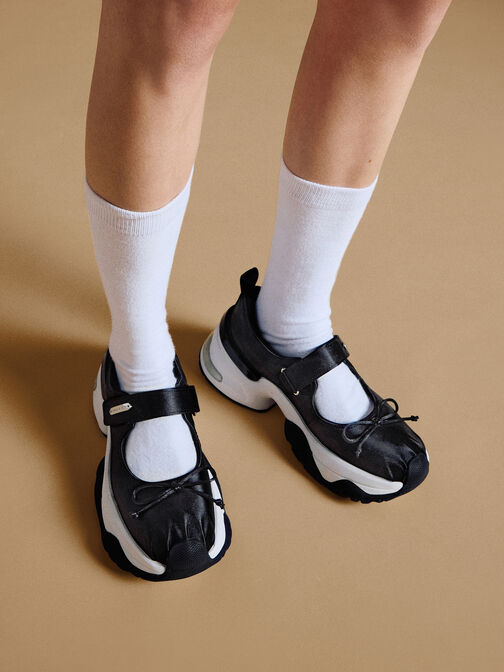 Satin Bow Two-Tone Mary Jane Sneakers, Black Textured, hi-res