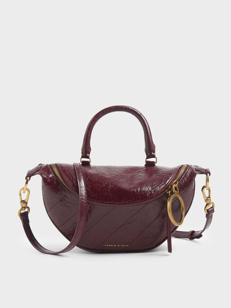 Bandolera semicircular con efecto arrugado Philomena, Burgundy, hi-res