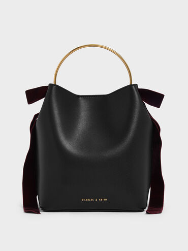Velvet Bow Detail Bucket Bag, Black, hi-res