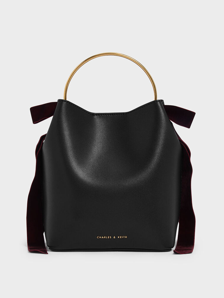 Velvet Bow Detail Bucket Bag, Black, hi-res