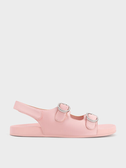 Girls' Satin Crystal-Buckle Double-Strap Slingback Sandals, Light Pink, hi-res