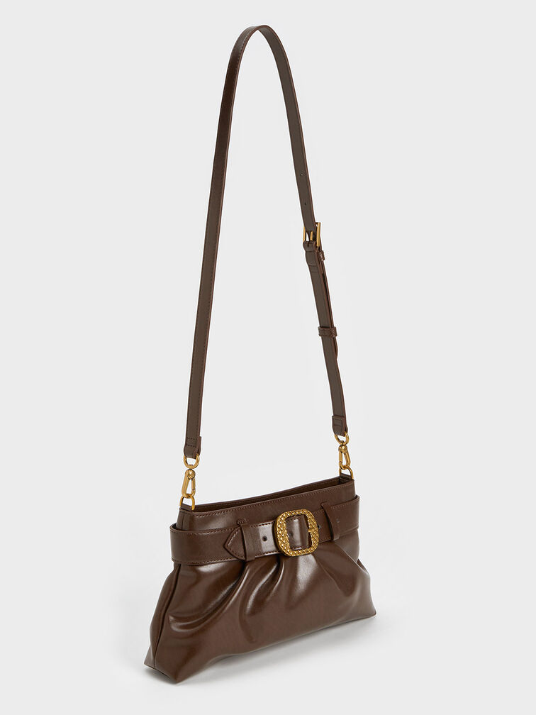 Avis Belted Ruched Shoulder Bag, Dark Brown, hi-res