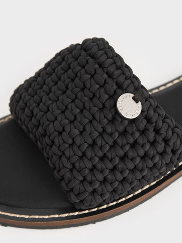 Woven Slide Sandals, Black Textured, hi-res