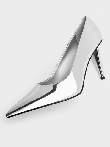 Tacones metálicos con tacón de cono, Plateado, hi-res