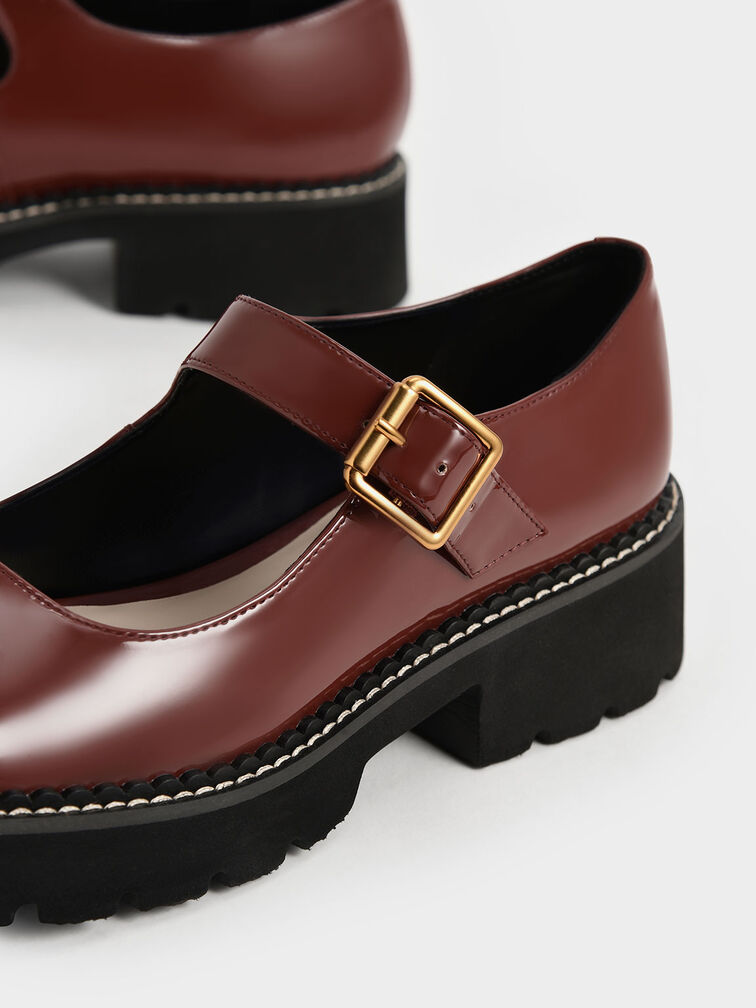 Metallic Buckle Patent Mary Janes, Cognac, hi-res