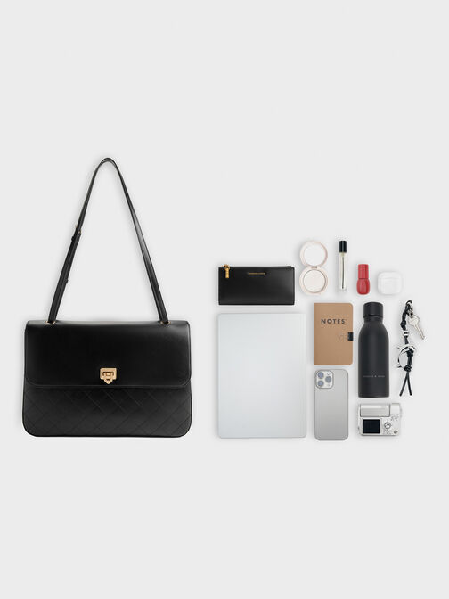 Connie Quilted Shoulder Bag, Black, hi-res