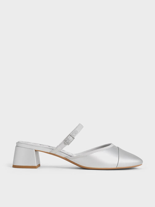Buckled-Strap Trapeze-Heel Mules, Silver, hi-res