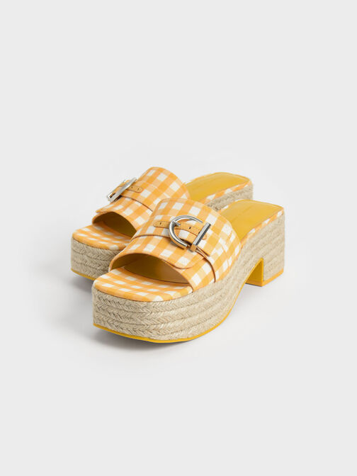 Buckled Linen Gingham-Print Platform Espadrilles, Yellow, hi-res