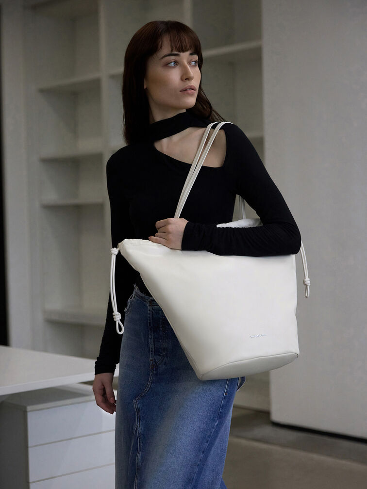 Sianna Ruched Drawstring Tote Bag, Cream, hi-res