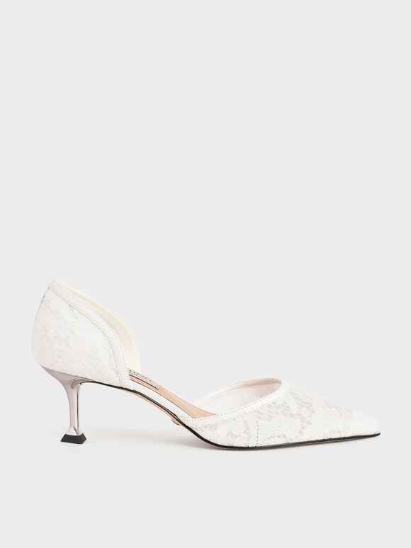 Wedding Collection: Lace & Mesh D'Orsay Pumps, White, hi-res