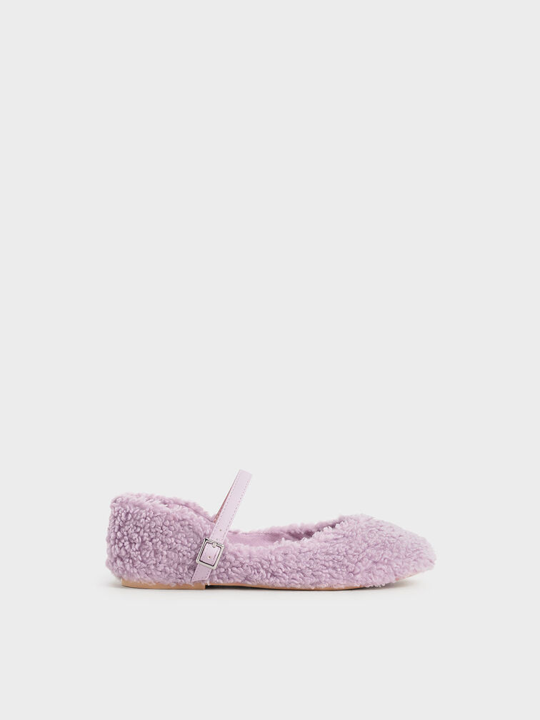 Girls' Furry Mary Jane Flats, Lilac, hi-res