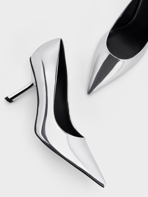 Metallic Slant-Heel Pointed-Toe Pumps, Silver, hi-res