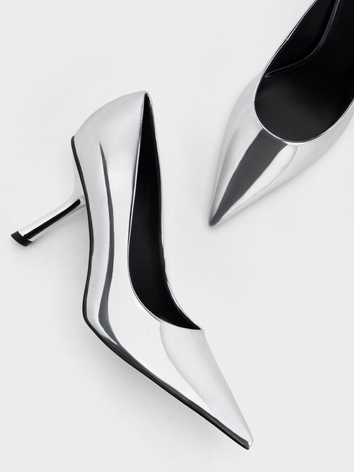 Zapatos de tacón metalizados con punta en punta y tacón inclinado, Plateado, hi-res