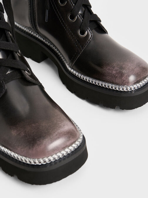 Botas con cordones y ribete de cadena, Gris oscuro, hi-res