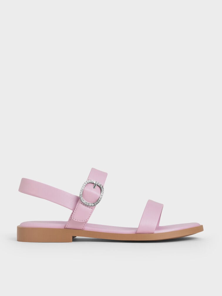 Girls' Pearlescent Crystal-Buckle Double-Strap Slingback Sandals, Blush, hi-res