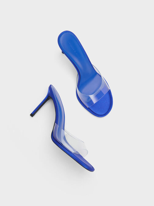 See-Through Cylindrical Heel Mules, Blue, hi-res