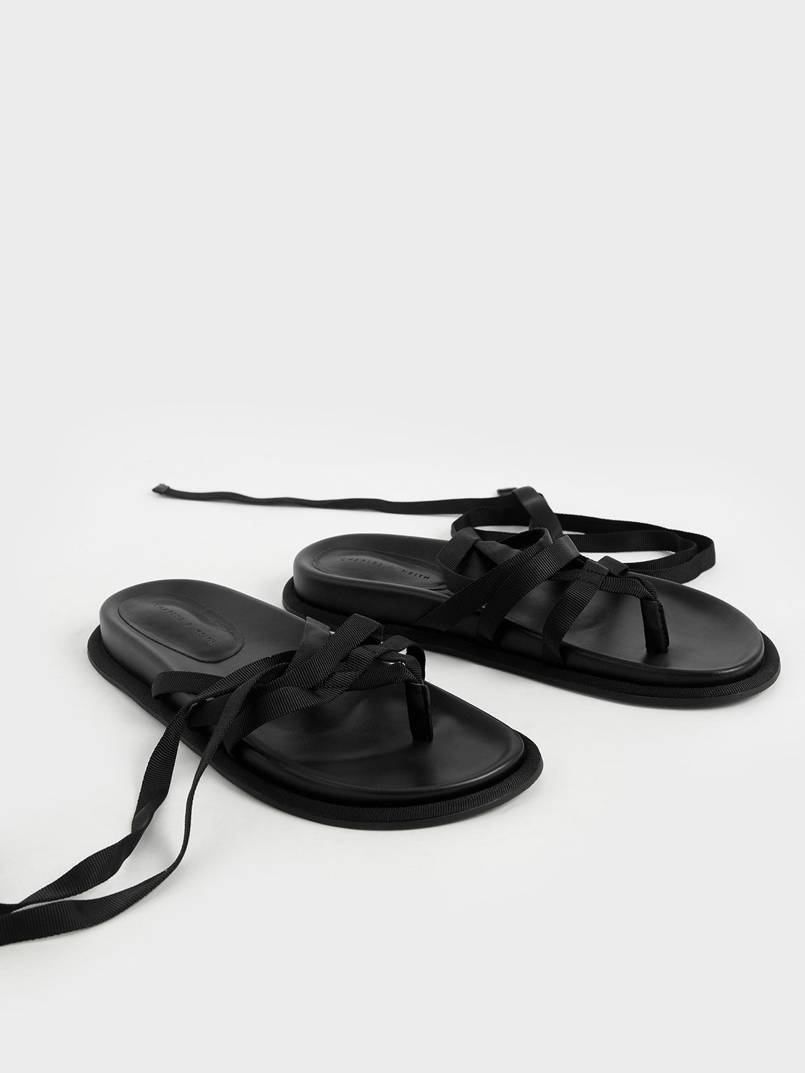 Grosgrain Tie-Around Thong Sandals, Black, hi-res