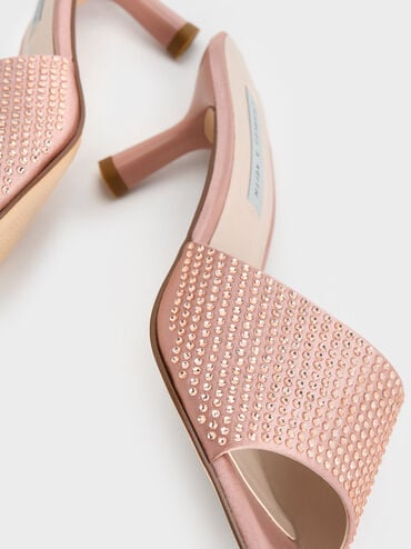Recycled Polyester Crystal-Embellished Heeled Mules, Nude, hi-res