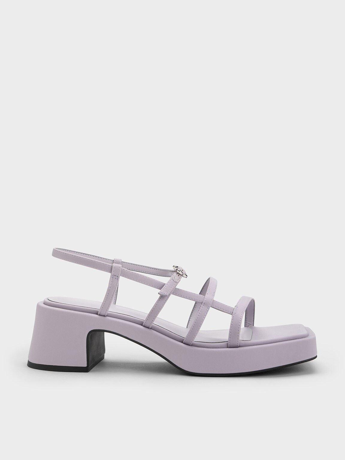Flower-Buckle Strappy Sandals, Lilac, hi-res