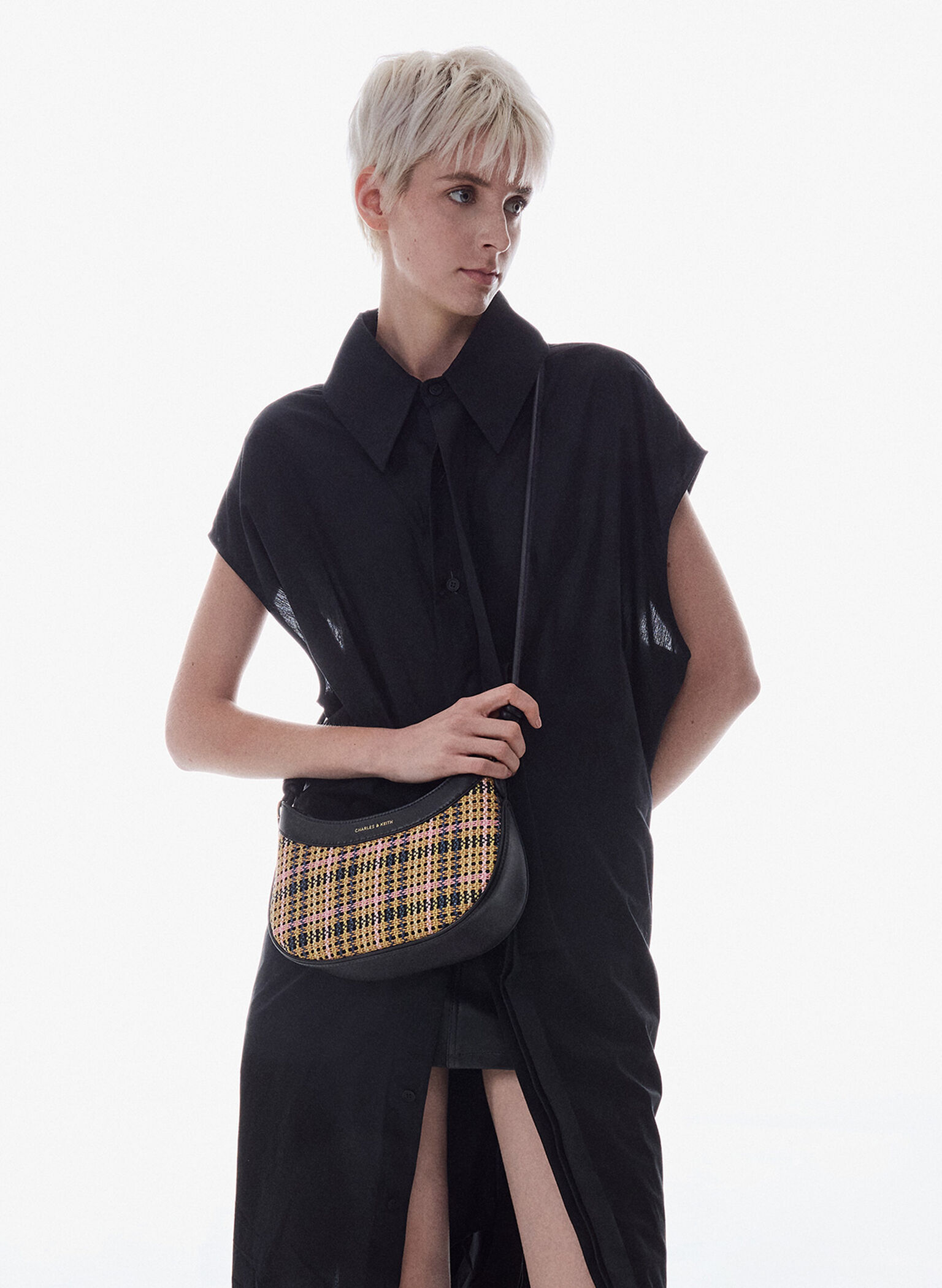 Bolsa de ombro curva Sabine Tartan com alça com nó, Tartan Straw, hi-res