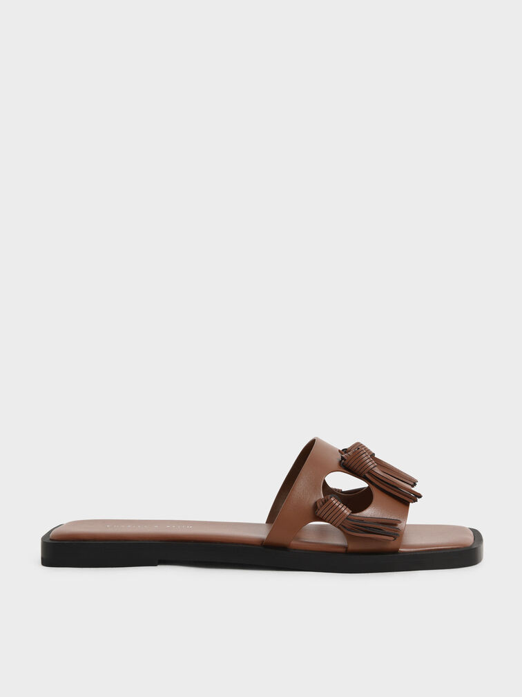 Fringe Detail Slide Sandals, Brown, hi-res